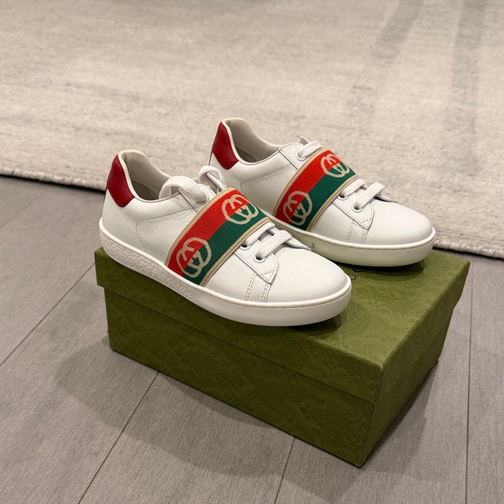 Kids Gucci Ace White Sneakers with Red and Green Interlocking GG Stripes